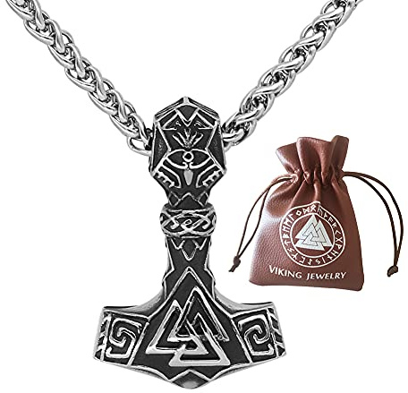 BBYOUTH Wikinger 316L Edelstahl Thor Hammer Mjölnir Amulett Skandinavisch Valknut Anhänger Mit 24 Zoll Kette,Silber