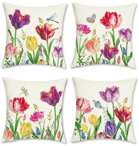 Bonhause 4er Set Kissenbezüge Blumen 45 x 45 cm Blume Garten Dekorative Kissenhülle Zierkissenbezüge für Sofa Schlafzimmer Wohnzimmer Zuhause Frühlings Sommer Outdoor Dekoration