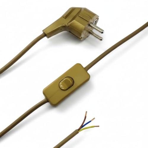 Anschlusskabel Gold 1,5 m 3G 0,75 mm² mit Schnurzwischenschalter Schutzkontakt Winkelstecker vergossen H03VVH2-F Zuleitung für Tischleuchten Stehleuchten und Leuchten