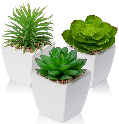 Hollyone 3PCS Small Fake Succulent Plants, Artificial Succulent in White Ceramic Pot, Decorative Faux Plants Office Desk Accessories, Greenery for Home Decor, Bathroom, Bedroom, Table Decorations