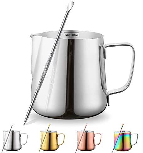 Milk Jug 12oz 350ml, Kyraton Stainless Steel Espresso Steaming Pitchers with Decorating Pen, Milk Frother Jug Cappuccino Latte Art Barista Steam Pitchers Milk Jug Cup (Silver)