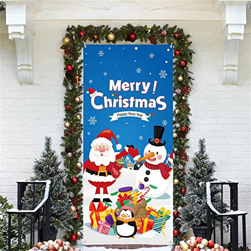 Weihnachten Tür Deko Banner, Blau Frohe Weihnachten Türbanner mit süßem Weihnachtsmann Schneemann, Merry Christmas Tür Schild Hintergrund für den Outdoor Winter Hof Garten Weihnachts Party Dekoration