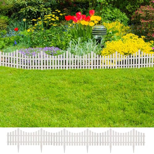 Rasenkanten 17 Stk Weiß 10 m PP dekorativer Gartenzaun mit Erdspießen für leichtes Einpflanzen und Absperrung von Beeten und Blumenbeeten für den Garten