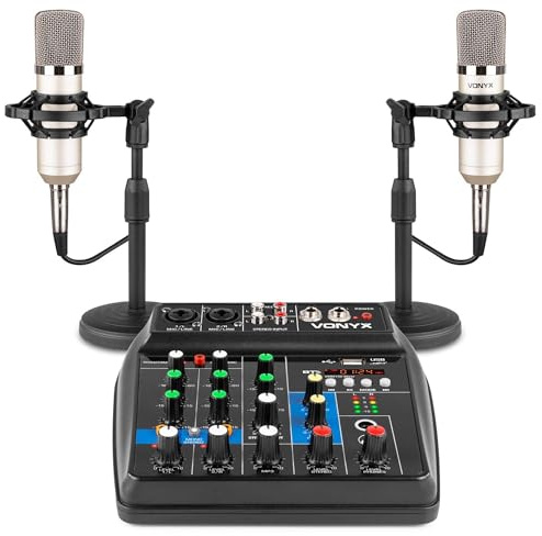 Vonyx VMM100 Podcast-Set – Audio-Mixer mit USB/BT und 2 Mikrofonen
