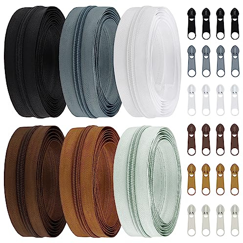 DOITEM Endlos Reißverschluss Set mit Zipper 5mm 12 Meter Inklusive 24 Metall Schieber für Kleidung Tasche Mäppchen Bettwäsche, 6 Farben