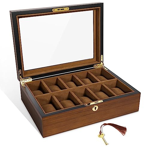 Uten klockbox med 10 fack, klockfodral organiserare med gyllene lås och nyckel, träklocka display förvaringslåda med avtagbara klockkuddar, sammetsfoder, metalllås, present till män och kvinnor