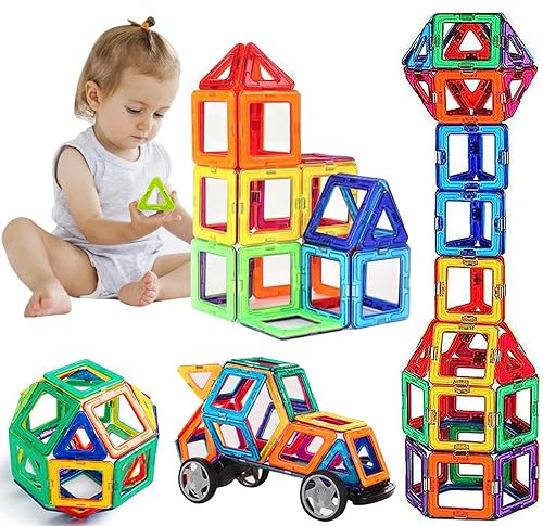 HuaMuDM Magnetische Bausteine 56 Teile,Magneten Fuer Kinder Magnetbausteine Set,Magneten Kinder Magnetbausteine,Magnetspielzeug,Spielzeug ab 3 4 5 6 7 8 9 Jahre Junge Jungen Mädchen