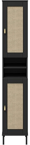 Woodroom Valencia Hochregal Badezimmerschrank aus massiver Kiefer, lackiert in Schwarz – 190 cm hoch, 35x190x32 cm – Regal mit offenen Fächern und Stauraum für Bad, Küche oder Flur