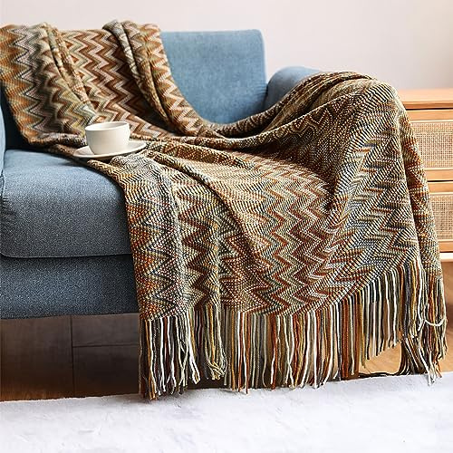 AMZZHAO Weich Boho Decke Kuscheldecke Strick,Sofaüberwürfe Sesseldecke Wohndecke Bettwurf,Quasten Jacquard,dekorativ für Zuhause,Büro,Reisen,Zelten,127×180 cm/50×70,87 Zoll (einschließlich Quaste)