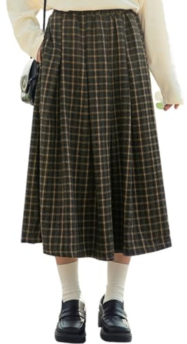 Gonna lunga a quadri da donna con tasche, casual, vintage, a vita alta, plissettata, svasata, in lana, tartan, Marrone, M