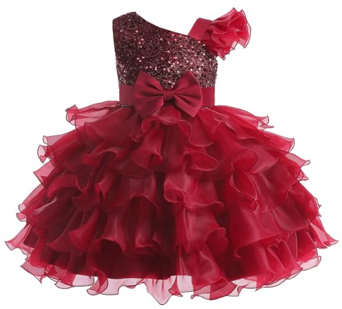 Miipat Girls Dress One-Shoulder Sequins Princess Sleeveless Flower Girl Wedding Bridesmaid Dresses Tutu Ruffles Kids Prom Dress for Party Birthday Wine 110 4-5 Years