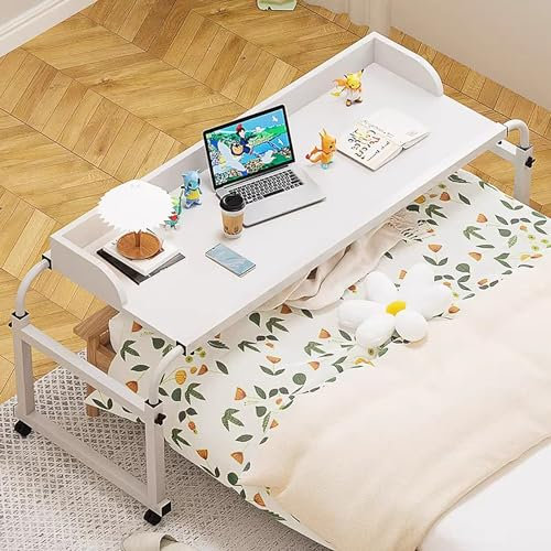Über-Betttisch auf Rollen Höhenverstellbar/Breitenverstellbar Overbed Table Mobiler Schreibtisch Pflegetisch Laptoptisch Bettbeistelltisch Breite 115-210 cm & Höhe 65-95 cm für Das Heim(Color:Weiß)