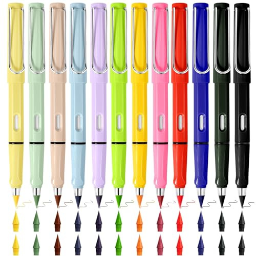 Yabingbos 12 Stück Bunte Ewiger Bleistift Set mit 24 Ersatzminen - Tintenlose Unendliche, Langlebige Magische Stifte für Prüfungen, Schule, Büro, Zeichnen und Skizzieren