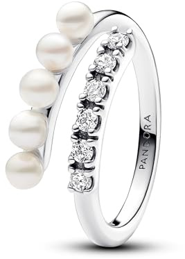 Pandora Timeless Ring, offen, Sterlingsilber, mit weißer, behandelter Süßwasserzuchtperle und klarem Cubic Zirkonia