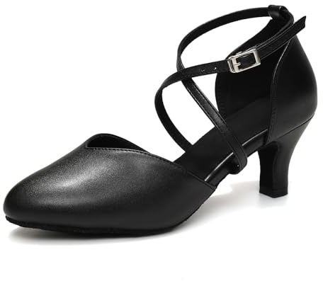 YCALCP Zapatos de Baile Latino Mujer Punta Cerrada de Piel Zapatos de Baile de Salón Moderno Tango Vals,DS-L666-Black-S,Tacón de 6cm,EU 38.5