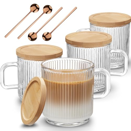 Mfacoy 4 PACK Glass Coffee Mugs with Handle & Spoon, 12 OZ Glass Coffee Cups with Bamboo Lid, Ribbed Glass Cups, Clear Tea Cup for Hot/Cold Beverages, Glassware Set for Americano, Latte, Cappuccino