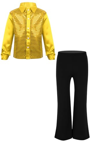 inlzdz Completi Hip Hop Jazz per Bambini Paillettes Button Down Camicia da Danza Classica T-Shirt + Pantalone per Ballo da Sala Danza Standard Latino Americano Oro 7-8 anni