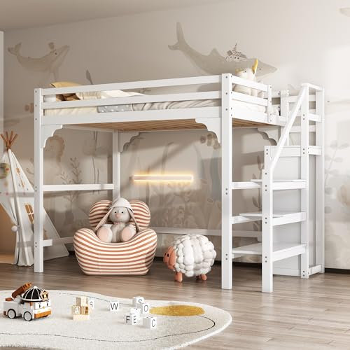 Multifunktionales Hochbett 140x200cm mit Kleiderschrank, Stufentreppe & Stauraum - Massivholz Jugendbett in Weiß, platzsparend & elegant, bis 120kg belastbar