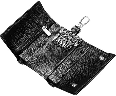 JABNOW Schlüsseletui Leder Damen und Herren, Dreifach Gefaltete Multifunktionale Schlüsseltasche, Geldbeutel mit 3 Separate Fächer und 6 Schlüsselhaken, Klein Schlüsselmäppchen(Schwarz)