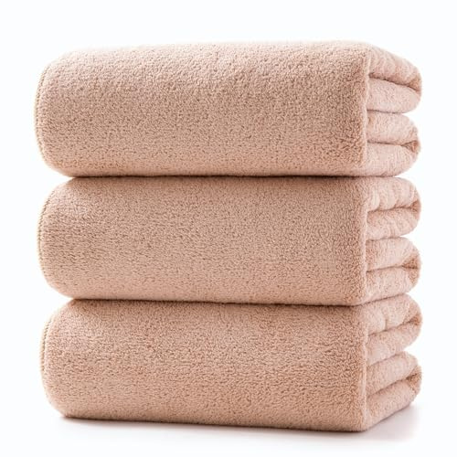 Lumimi Towels 3 Piece Very Soft Microfiber Bath Towel Set Super Absorbent Light Quick Dry and Durable, 55 L x 27 W, 3 Pack Beige