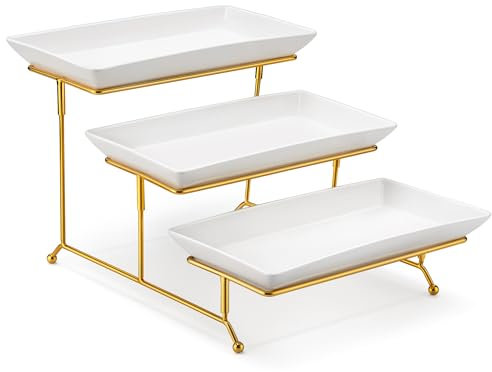 MALACASA 3 Tier Serving Trays for Party, 12 Inch Porcelain White Trays for Serving Food, Dessert Stand with Collapsible Gold Metal Rack