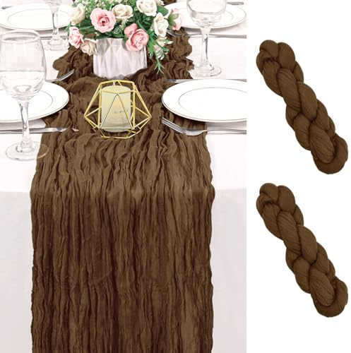 Lot de 2 chemins de table en étamine, marron, 305 cm de long, style bohème, rustique, transparent, romantique, pour fête prénatale, fête de mariage, anniversaire, vacances, décoration de Pâques, 3 m