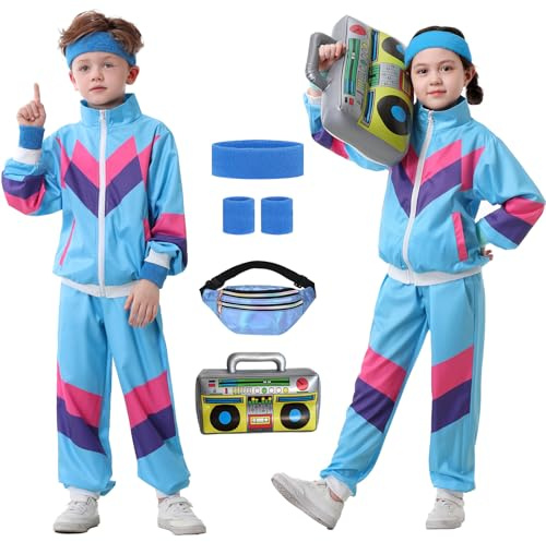 Ezuwail Traje deportivo unisex de los años 80 y 90 para niños y niñas, 6 piezas, estilo retro, para entrenamiento, hip hop, baile, traje deportivo, Azul, 7-8 años