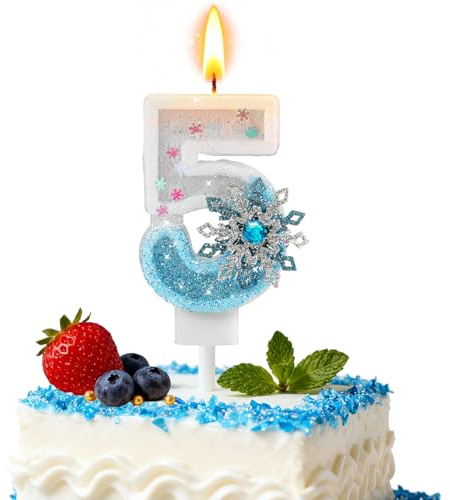 Nuts OT nuts Frozen Kerze 5. Geburtstag Glitzernde Geburtstagskerze 5 Jahr mit Schneeflocke Blau-weiße Tortendeko Eiskönigin Kuchenkerzen für Mädchen Frozen GeburtstagsParty Deko