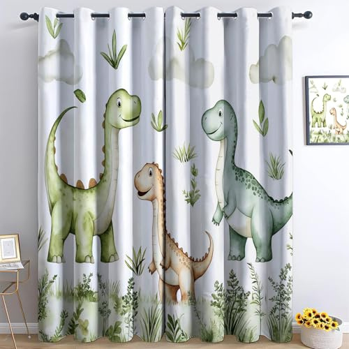 Erba Di Dinosauro Dei Cartoni Animati Tenda Oscurante Termica Isolante Con Occhielli Per Camera Da Letto, 75 x 166 cm Tende Soggiorno Oscuranti Per Interni Finestre, Verde