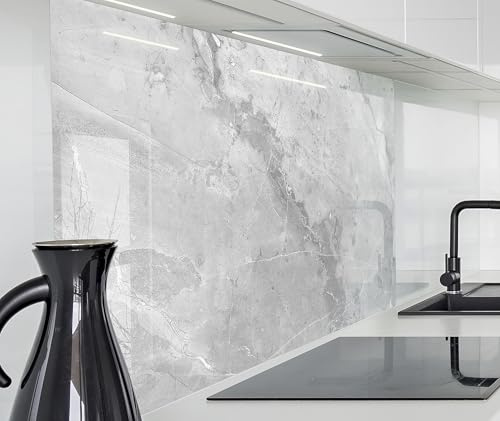 Küchenrückwand Glasoptik | 100 x 50 cm italienischer Marmor, grau poliert, Bruchstein | Acryl Glas 2mm | Spritzschutz Wand für Herd, Küche Glasrückwand Acrylglas Wandpaneele Rückwandschutz Platte