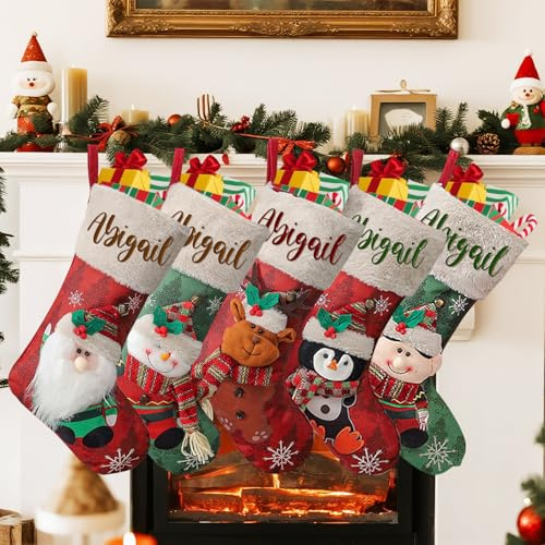 HOBULL Personalised Christmas Stockings, Custom Name Embroidered Christmas Stockings, 46cm Large Family Santa Stocking Xmas Tree Decoration, Red Green Kids Candy Pouch Xmas Gifts Hanging Ornament