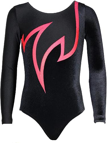 GymStern Turnanzug Java Spezial – Mädchen Langarm Gymnastikanzug aus Samt – SCHWARZ-ROT – Gr. 110/116