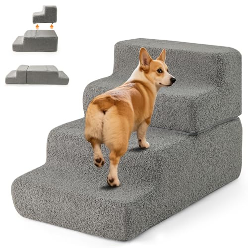 COSTWAY Rampa per Cani con 4 Gradini per Animali Piccoli, Anziani e Feriti | Scalette in Schiuma Piehgevole con Fondo Antiscivolo e Copertura Rimovibile e Lavabile per Letto Alto Divano