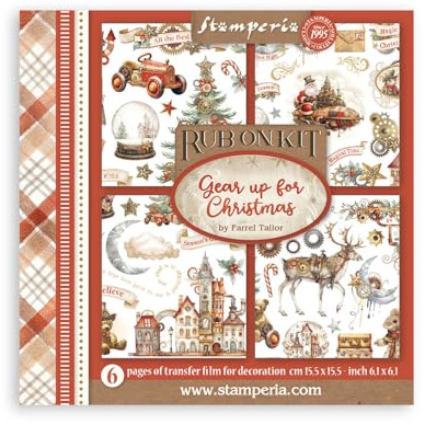 Stamperia - Rub-on for Scrapbooks, Albums, Cards, Bullet Journals, and More, Easily Transfer Images onto Paper and Other Surfaces, Perfect for Crafts and Gifting (Gear Up for Christmas, Assortment)