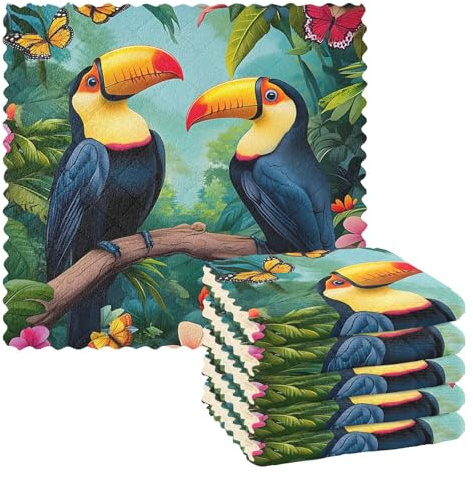 Mnsruu Microfibre Cleaning Cloths Tropical Jungle Toucans Reusable Dish Cloths for Washing Up 6 Pack Swedish Dishcloth Microfibre Cleaning Towels Washable Duster Rags Cloth Home