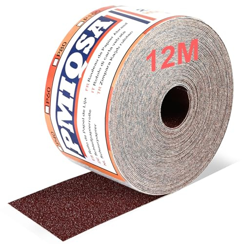 PMIQSA Rollo de Papel de Lija 70mm x 12m Grano 80 | Papel de Lija de óXido de Aluminio Para Lijar Pulir Y Eliminar El óXido Para Lijadora Manual