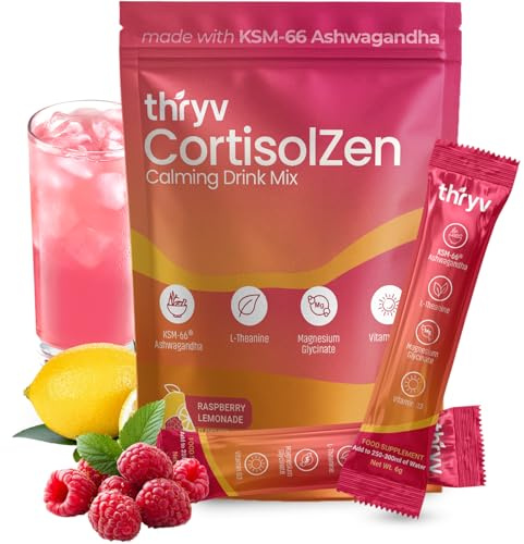 Thryv Cortisol Drink Sachets - Magnesium Powder with KSM-66 Ashwagandha, L-Theanine, Vitamin D3 - Sugar Free Calm Drink for Stress Relief, Focus, Memory & Relaxation - 20 Servings