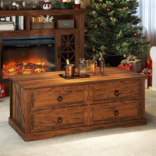 Gurexl 120 X 55 X 46 cm Couchtisch Rustikaler mit 4 Schubladen,EIN rechteckiger Beistelltisch mit Einer Tischplatte in Holzoptik für Kartentische, Schlafzimmer, Wohnzimmer, oder Gartenpavillons,Braun