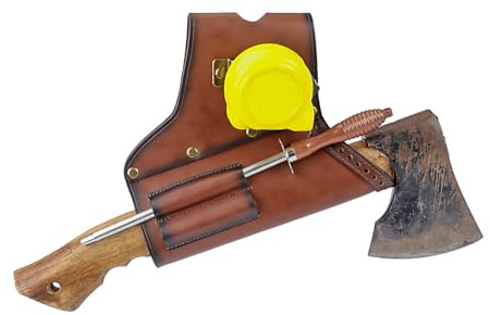 TOURBON Genuine Leather Axe Holster Hammer Hatchet Protector Carrier with Tape Measure Holder for Tool Belt