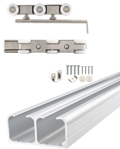 Sliding Door Kit Aluminum Double Sliding Door Track 30 40 50 60 70 inch, Commercial Pocket Door Guide with 6 Rollers, Smoothly Bathroom Door Rails(2000mm/78.7inch)