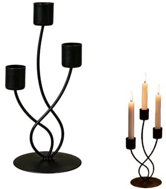 Schwarzer Kerzenständer aus Metall für 3 Stabkerzen - Industriell Vintages Design mit verschlungenen Kurven - Dekorativer Kerzenhalter für Tisch, Wohnzimmer, Hochzeit, Weihnachten (Stil A)