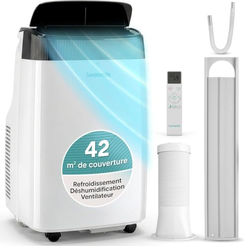 SereneLife Aire Acondicionado Móvil 9000 BTU WiFi - Aire Acondicionado Portátil Sin Unidad Exterior, Modo Noche, Ventilador y Deshumidificador, Kit Ventana