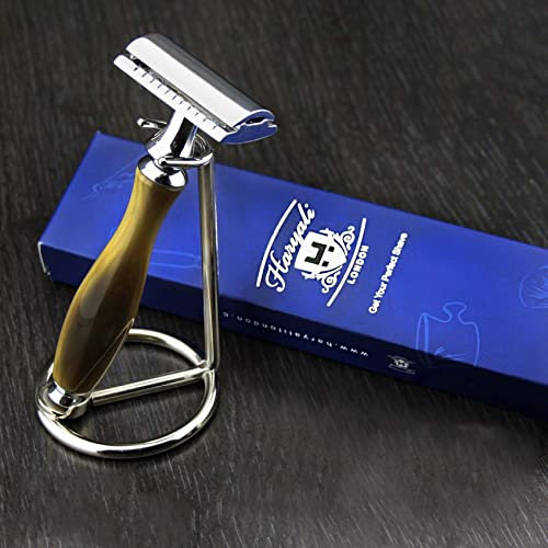 DE Safety Shaving Razor with Horn Replica Handle & Stand | Gents Shaving & Grooming Essentials | Gift for Him
