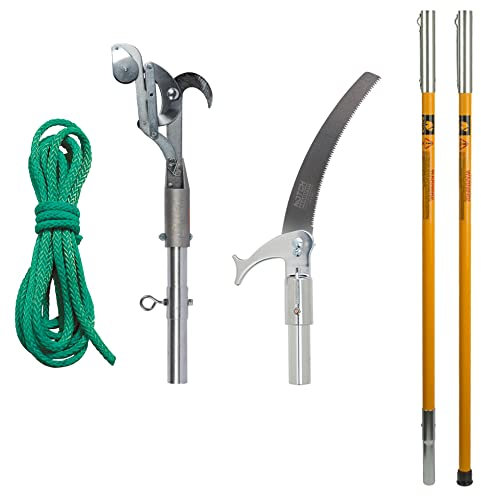 Notch 12’ Pole Saw Set with Rust-resistant Chrome-plated Heavy-duty Double Thick 15“ Blade with Impulse-Hardened Teeth & 8 Cut Capacity, 2 x 6 ft. Yellow Fiberglass Poles (40209)