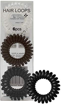Hair Loops 6Pcs Black Brown Clear Spiral Hair Ties No Crease Elastic Ponytail Holders Phone Cord Traceless Hair Bobble Ring Rubber Bands Suitable for All Hair Types By Majestik+