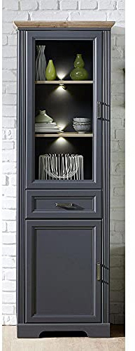 Lomadox Landhaus Vitrine schmal inkl. LED in Graphit mit Eiche, inkl. LED-Beleuchtung