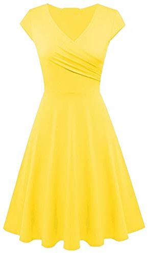 Yming Damen Kurzarm Partykleider Elegant Knielang Kleider V-Ausschnitt Kleider