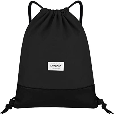 LIVACASA Turnbeutel Mit Reißverschluß Innentasche Sportbeutel mit Leder Hipster Gym Bag Beutel Gefüttert Rucksack Mit Verstellbar Tunnelzug Gymsack Turnsack für Damen Herren Pures Schwarz