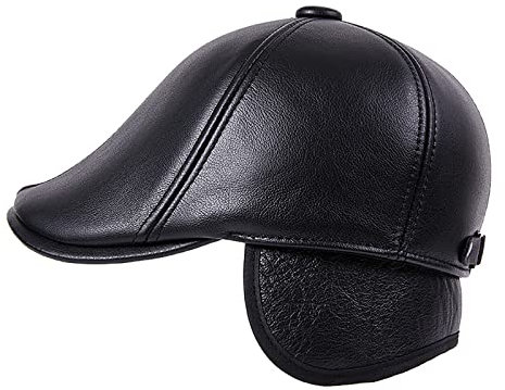 WHSPORT Schiebermütze Herren Schirmmütze Leder Winter Fahrmütze Schiebermützen Gatsby Ballonmütze mit Ohrenschützer (Color : Black, Size : 57-58)