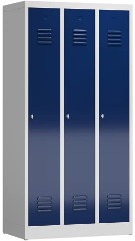 Lüllmann 3er Spind Spint komplett montiert Größe:180x87x50cm Umkleide Stahl Kleiderspind Gaderobenschrank für 3 Personen (RAL 7035/5010 lichtgrau/enzianblau)
